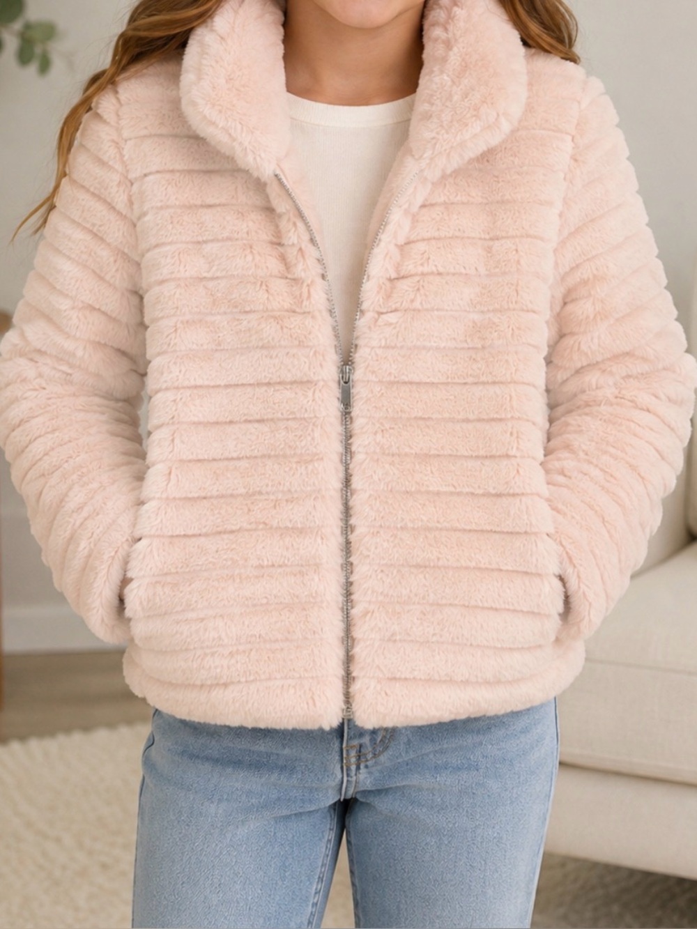 Kensie Girl Plush Zip-Front Teddy Jacket in Blush Pink